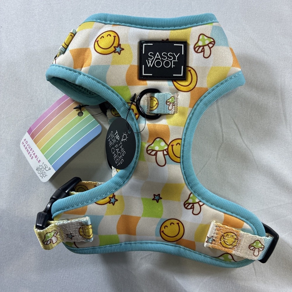 Sassy Woof Soft Dog Harness Smiley Face Ans Mushrooms XS Adjustable New